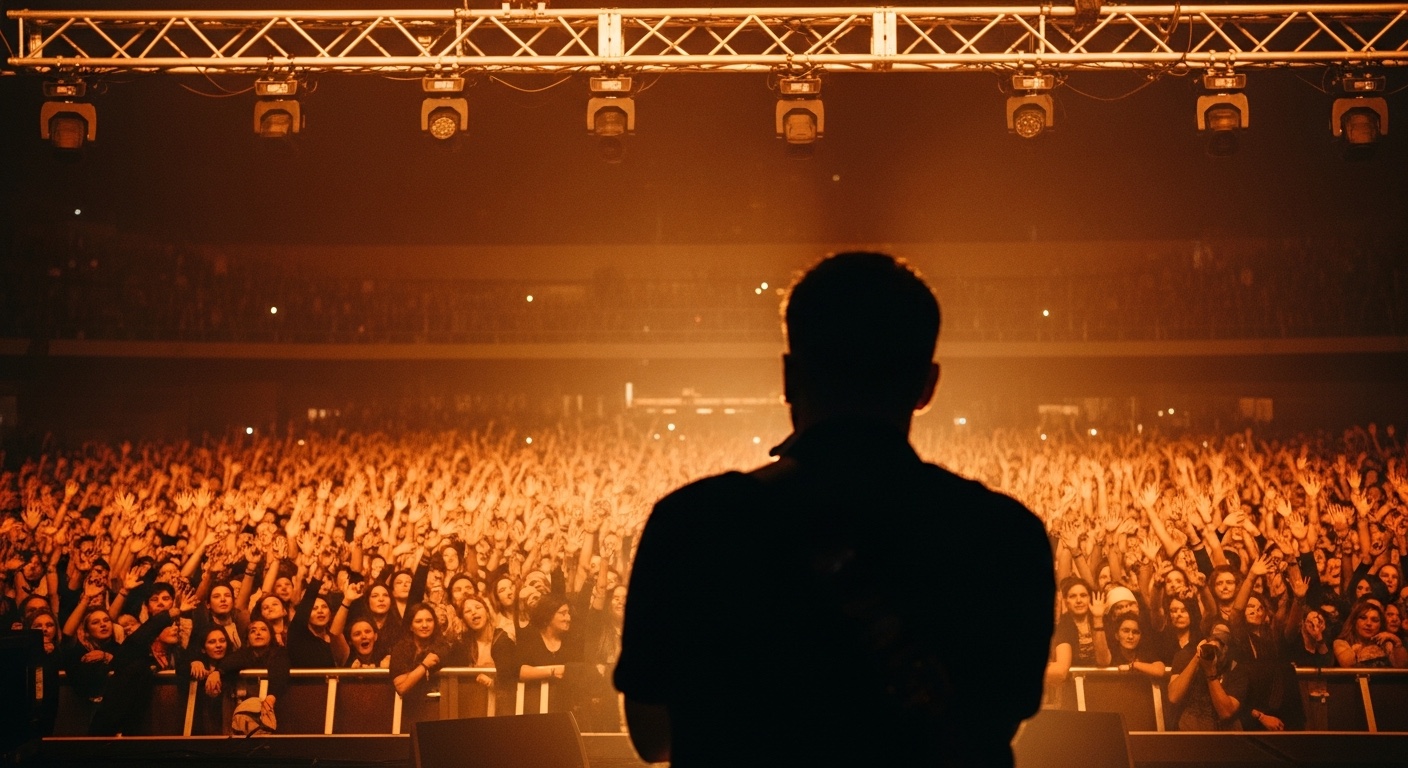 A packed festival crowd at night, hands raised toward the stage as fireworks light up the sky